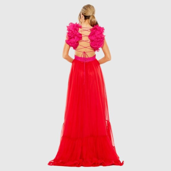 Mac Duggal 68522 Size 4 Pink Red Ruffled Tiered Cut Out Corset Back Chiffon Gown - Picture 4 of 4